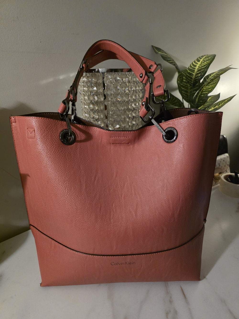 Calvin Klein Coral Leather Tote Bag ( New Condition )